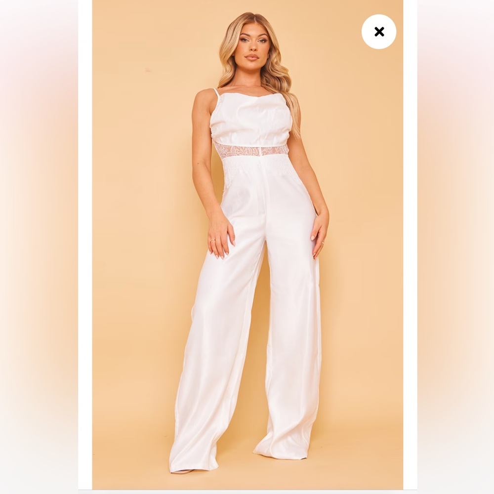 White Lace Insert Cowl Neck Jumpsuit